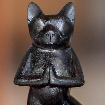 Wood sculpture, 'Black Cat Tree Pose Yoga' - Suar Wood Sculpture