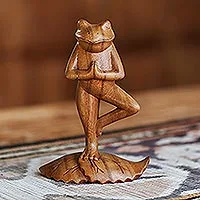 Wood sculpture, 'Tree Pose Yoga Frog'