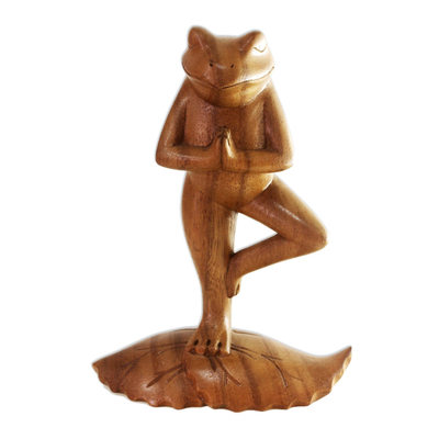 Wood sculpture, 'Tree Pose Yoga Frog' - Handcrafted Wood Sculpture