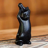 Escultura en madera, 'Black Cat Stretch' - Escultura en madera