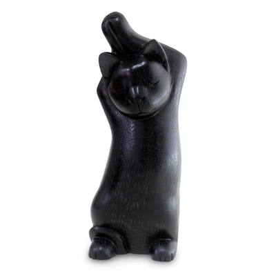 Wood sculpture, 'Black Cat Stretch' - Wood sculpture