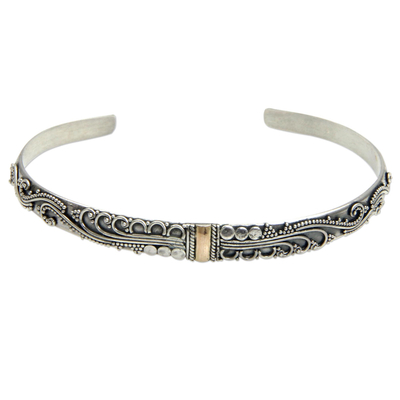 Sterling silver cuff bracelet, 'Nature's Muse' - Sterling Silver Cuff Bracelet with 18k Gold Accent