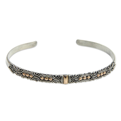 Gold accent cuff bracelet, 'Golden Suns' - Sterling Silver and 18k Gold Plated Cuff Bracelet