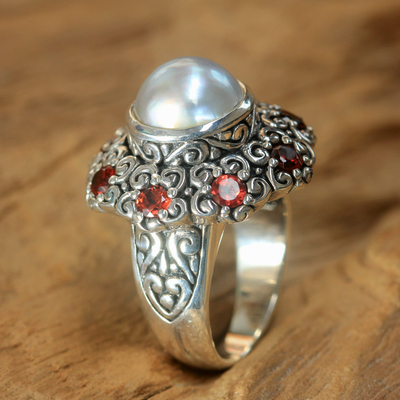 Cultured pearl and garnet domed ring, 'Indonesian Blossom' - Indonesian Pearl and Garnet Cocktail Ring