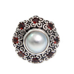 Cultured pearl and garnet domed ring, 'Indonesian Blossom' - Indonesian Pearl and Garnet Cocktail Ring