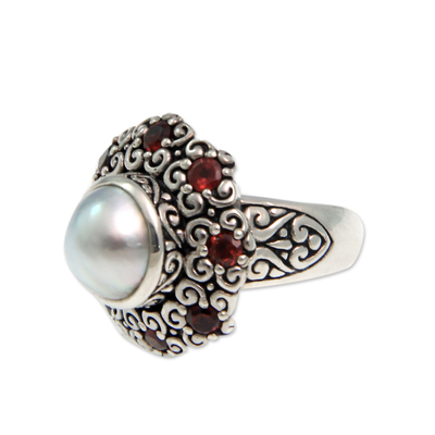Cultured pearl and garnet domed ring, 'Indonesian Blossom' - Indonesian Pearl and Garnet Cocktail Ring