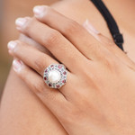Cultured pearl and garnet domed ring, 'Indonesian Blossom' - Indonesian Pearl and Garnet Cocktail Ring