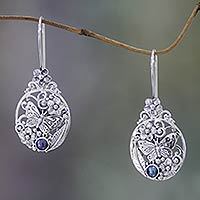 Cultured peacock pearl drop earrings, 'Frangipani Butterfly' - Unique Sterling Silver and Pearl Drop Earrings