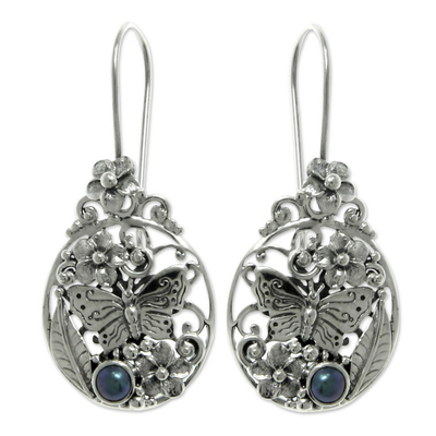 Cultured peacock pearl drop earrings, 'Frangipani Butterfly' - Unique Sterling Silver and Pearl Drop Earrings