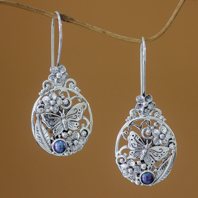 Pendientes colgantes con perlas cultivadas de pavo real - Aretes colgantes únicos de plata esterlina y perlas