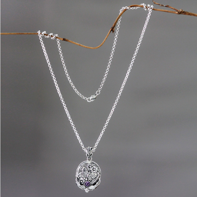 Amethyst pendant necklace, 'Frangipani Butterfly' - Hand Crafted Silver and Amethyst Pendant Necklace