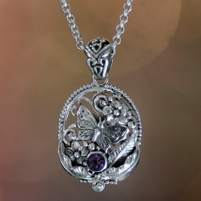 Amethyst pendant necklace, 'Frangipani Butterfly' - Hand Crafted Silver and Amethyst Pendant Necklace