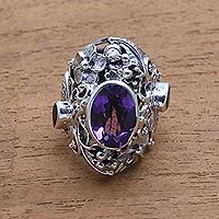 Cocktailring aus Amethyst und Citrin, „Frangipani-Schmetterling“ – Einzigartiger Cocktailring aus Sterlingsilber und Amethyst