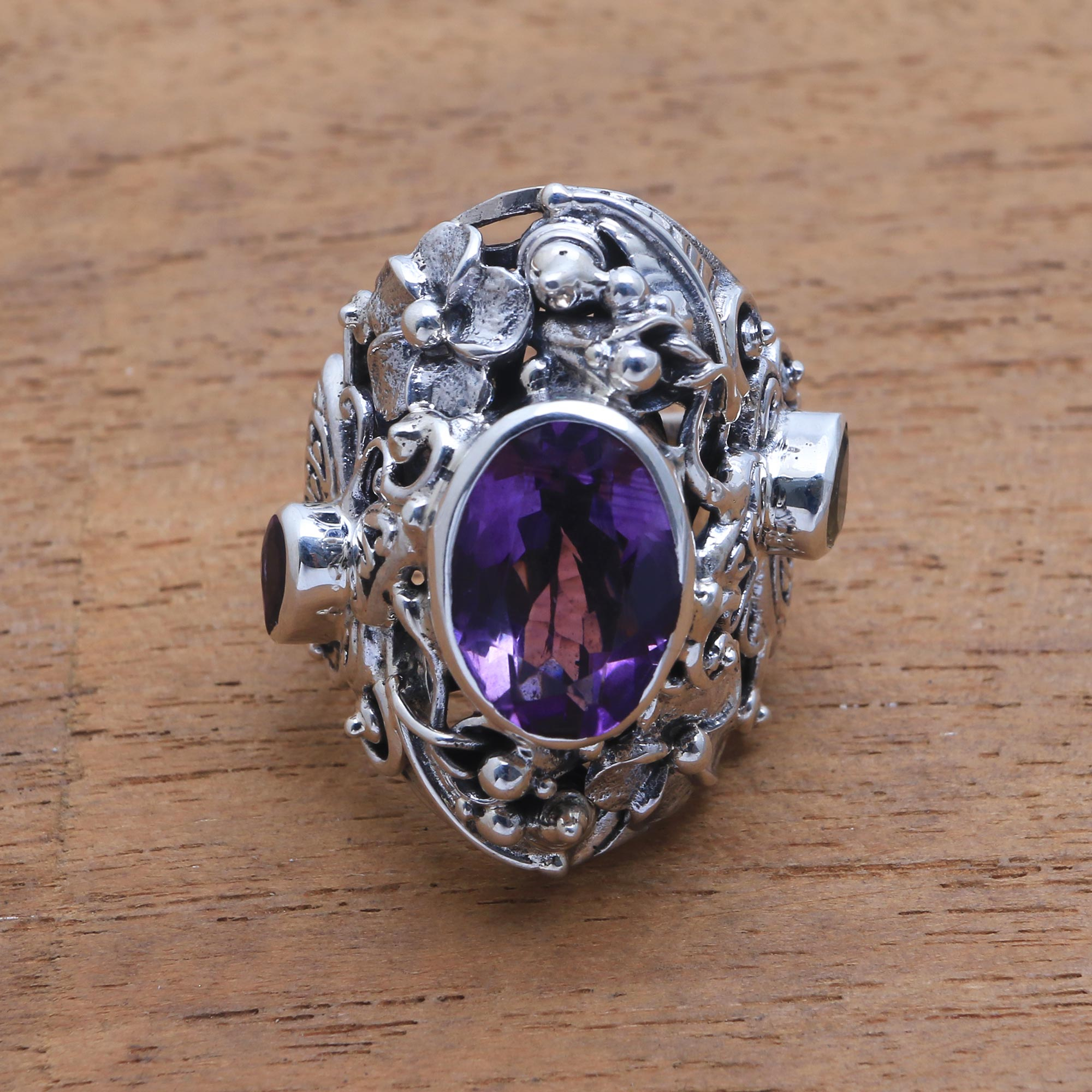 Unique Sterling Silver and Amethyst Cocktail Ring - Frangipani ...