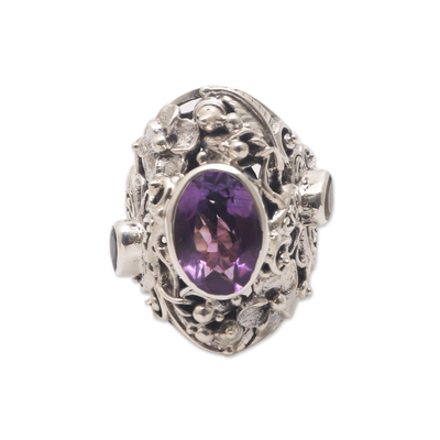 Amethyst and citrine cocktail ring, 'Frangipani Butterfly' - Unique Sterling Silver and Amethyst Cocktail Ring