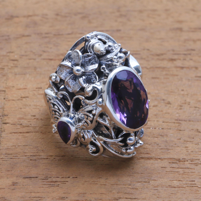 Amethyst and citrine cocktail ring, 'Frangipani Butterfly' - Unique Sterling Silver and Amethyst Cocktail Ring