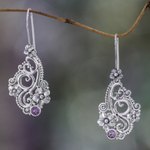 Amethyst flower earrings, 'Frangipani Arabesques' - Hand Made Floral Sterling Silver and Amethyst Earrings