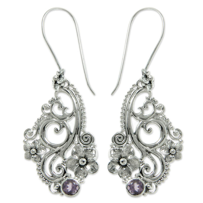 Amethyst flower earrings, 'Frangipani Arabesques' - Hand Made Floral Sterling Silver and Amethyst Earrings