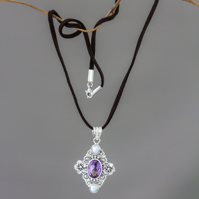 Cultured pearl and amethyst pendant necklace, 'Frangipani Queen' - Handcrafted Floral Pearl and Amethyst Silver Necklace