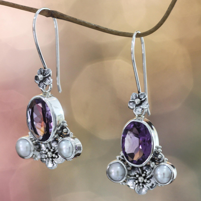Cultured pearl and amethyst dangle earrings, 'Mystic Queen' - Cultured pearl and amethyst dangle earrings