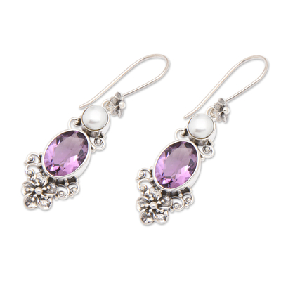 Cultured pearl and amethyst dangle earrings, 'Queen of Flowers' - Women's Floral Pearl and Amethyst Silver Earrings