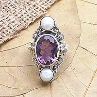 Cultured pearl and amethyst ring, 'Frangipani Queen' - Artisan Crafted Pearl and Amethyst Frangipani Flower Ring