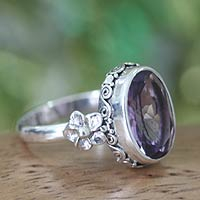 Amethyst solitaire ring, 'Frangipani Allure' - Sterling Silver and Amethyst Floral Ring from Bali