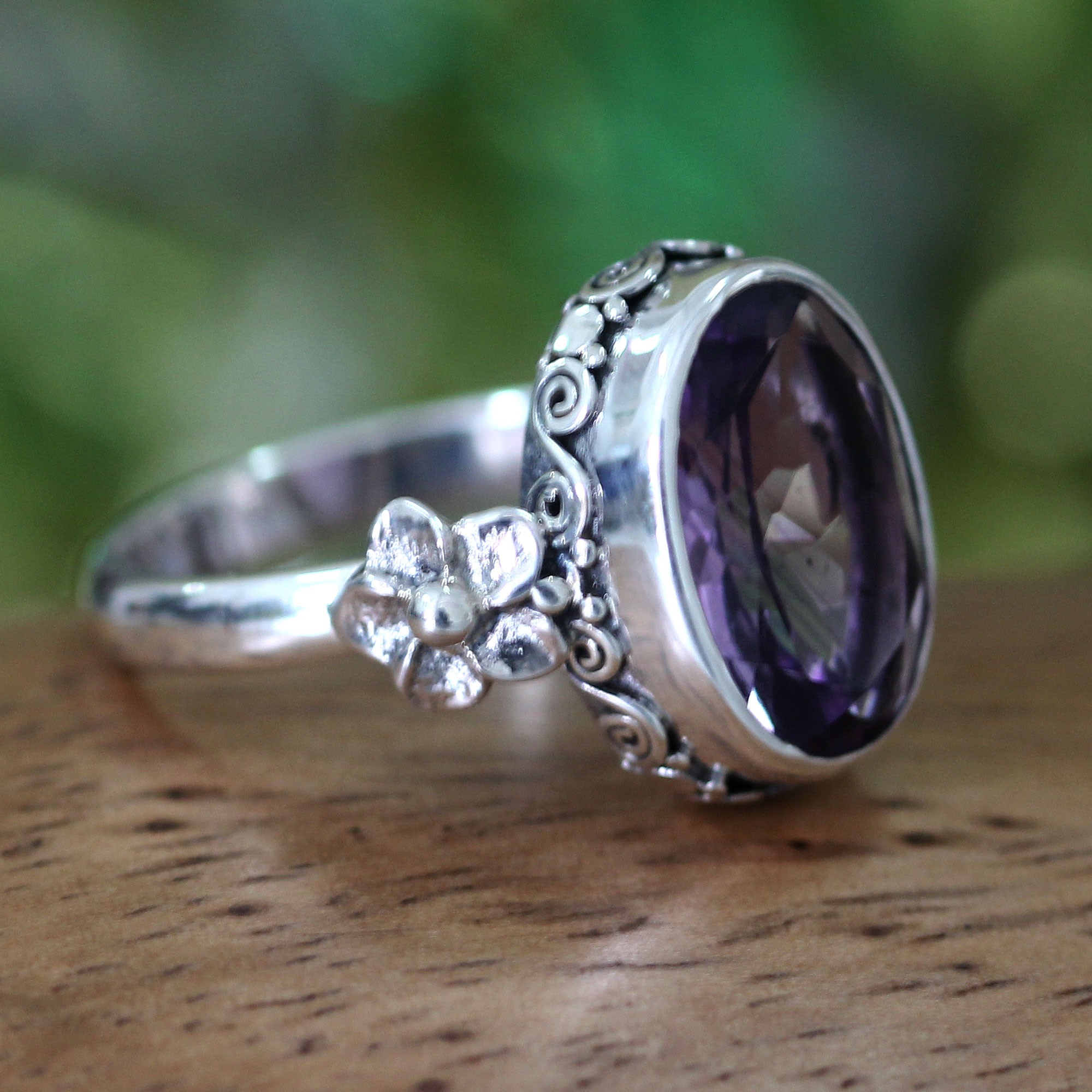 Handcrafted Floral Sterling Silver and Amethyst Ring - Frangipani Allure |  NOVICA