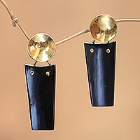 Horn dangle earrings, 'Bold Moon' - Modern Horn and Brass Dangle Earrings
