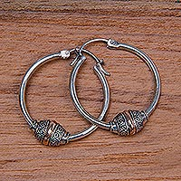 Gold accent hoop earrings, 'Lotus Seed' - Indonesian Silver Hoop Earrings