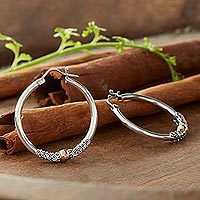 Gold accent hoop earrings, 'Two Tone Moon' - Fair Trade Gold Accented Sterling Silver Hoop Earrings