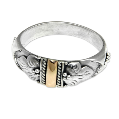 Gold accent band ring, 'Frangipani Aura' - Handmade Silver and 18k Gold Ring