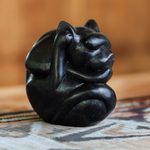 Wood sculpture, 'Black Yogi Cat' - Artisan Crafted Wood Sculpture