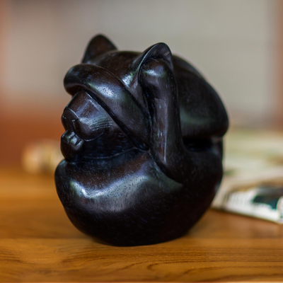 Wood sculpture, 'Black Yogi Cat' - Artisan Crafted Wood Sculpture