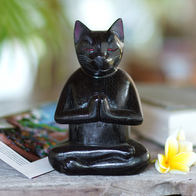 Wood sculpture, 'Black Cat in Deep Meditation' - Handcrafted Suar Wood Sculpture
