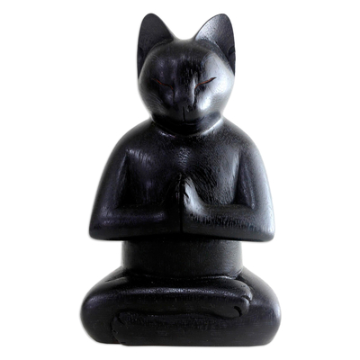Wood sculpture, 'Black Cat in Deep Meditation' - Handcrafted Suar Wood Sculpture