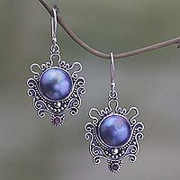 Cultured pearl and garnet dangle earrings, 'Bandung Blue Moon' - Elegant Handcrafted Sterling Silver and Pearl Dangle Earring