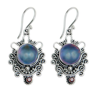 Cultured pearl and garnet dangle earrings, 'Bandung Blue Moon' - Indonesian Sterling Silver and Pearl Dangle Earrings