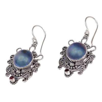 Cultured pearl and garnet dangle earrings, 'Bandung Blue Moon' - Indonesian Sterling Silver and Pearl Dangle Earrings