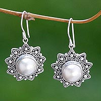 Cultured pearl flower earrings, 'Melati Hearts'