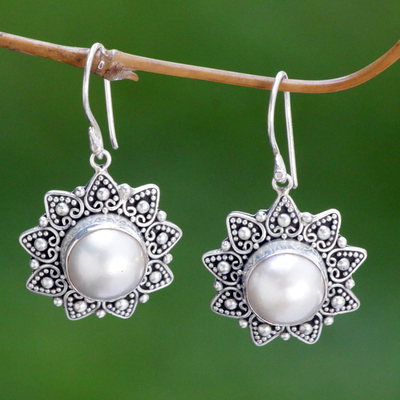 Cultured pearl flower earrings, 'Melati Hearts' - Cultured pearl flower earrings