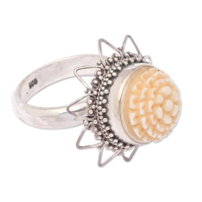 Bone flower ring, 'Seruni White' - Bone flower ring