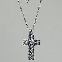Amethyst pendant necklace, 'Jasmine Cross' - Sterling Silver Floral and Amethyst Cross from Bali