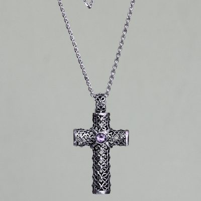 Amethyst pendant necklace, 'Jasmine Cross' - Amethyst pendant necklace