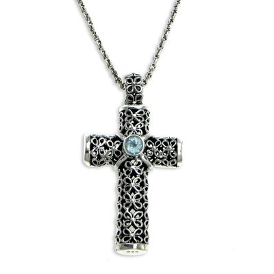 Unique Blue Topaz and Sterling Silver Religious Necklace