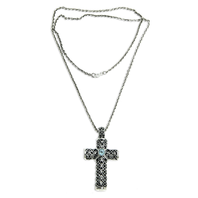 Halskette mit Blautopas-Anhänger, „Jasminkreuz“ – Einzigartige religiöse Halskette aus Blautopas und Sterlingsilber