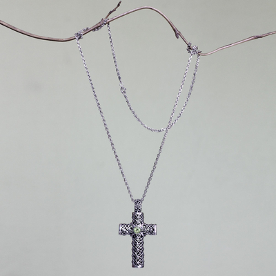 Halskette mit Peridot-Anhänger, „Jasminkreuz“ – Halskette mit Anhänger aus Peridot und Sterlingsilber