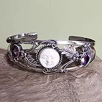 Amethyst cuff bracelet, 'Night Goddess' - Handmade Sterling Silver and Amethyst Women's Cuff