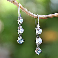 Cultured pearl and blue topaz dangle earrings,'Silver Trail'