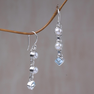 Cultured pearl and blue topaz dangle earrings, 'Silver Trail' - Cultured pearl and blue topaz dangle earrings